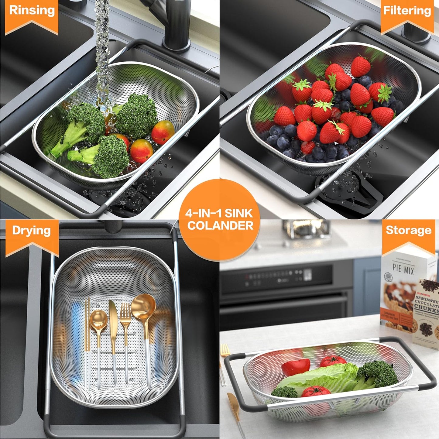 Over the Sink Colander - Strainers and Colanders - Sink Strainer Basket - Expandable Fine Mesh Strainer with Rubber Grip for Veggie, Fruits, Pasta, Home Kitchen Essentials (9.5W x 13.4-21.3L x 3.3H)