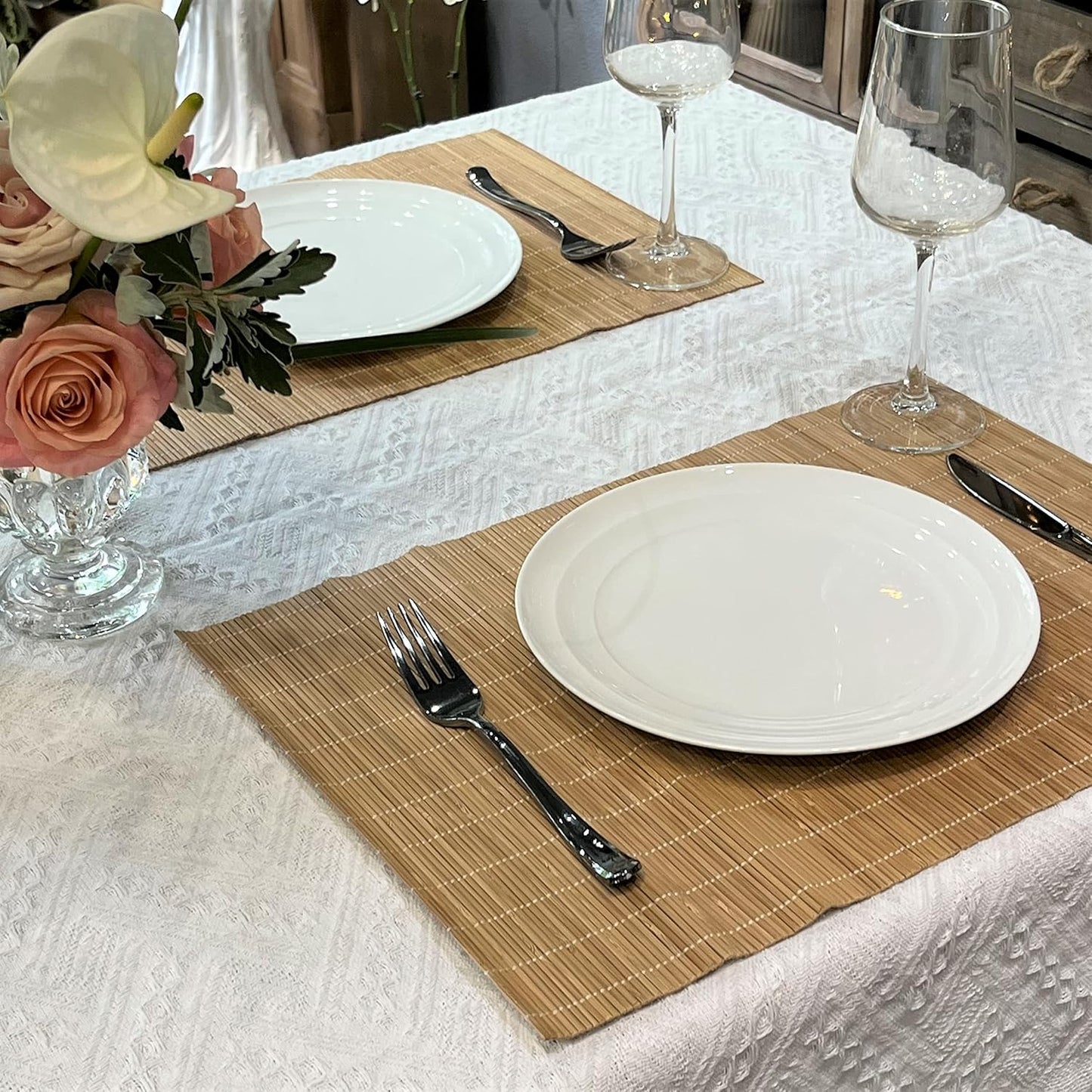 ANDSTAR Set of 24 Bamboo Placemats 17.7X11.8Inch Sushi Rolling Mat Japanese Style Bamboo Mat Natural Place Mats Washable Heat Resistant Table Mats for Dinner Dining Table Wedding Parties（Brown）