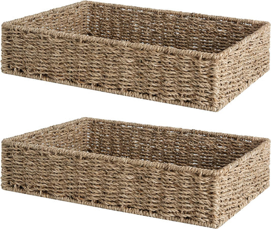 StorageWorks Large Seagrass Tray for Bathroom, Seagrass Storage Baskets for Shelves, Handwoven Natural Wicker Baskets for Organizing, 2-Pack