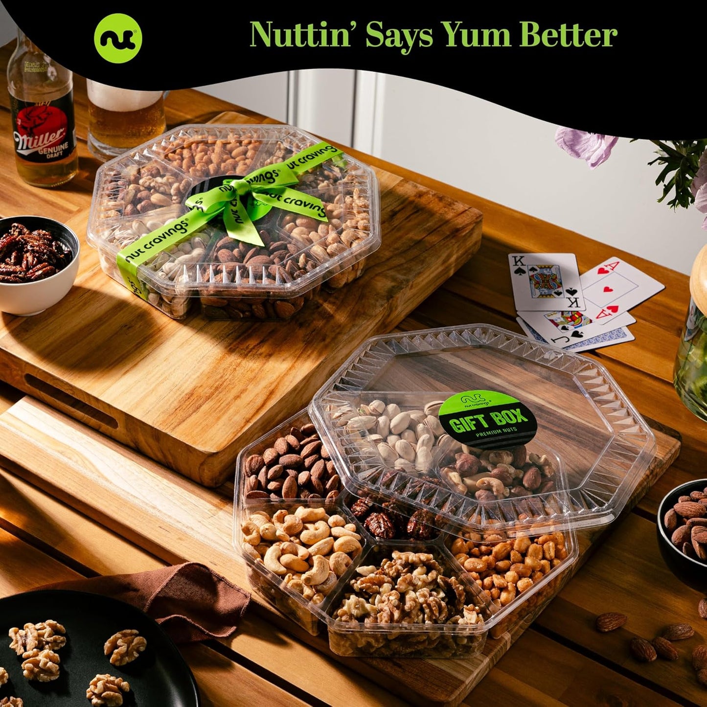 NUT CRAVINGS - Mixed Nuts Gift Basket + Green Ribbon (7 Assortments, 1 LB) Food Arrangement, Healthy Snack Care Package, Food Assortments