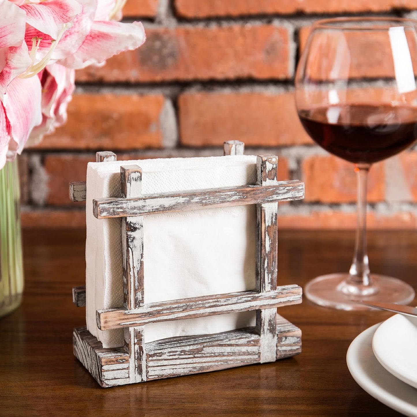 MyGift Farmhouse Rustic Torched Wood Napkin Holder for Table with Cross-Corner Design