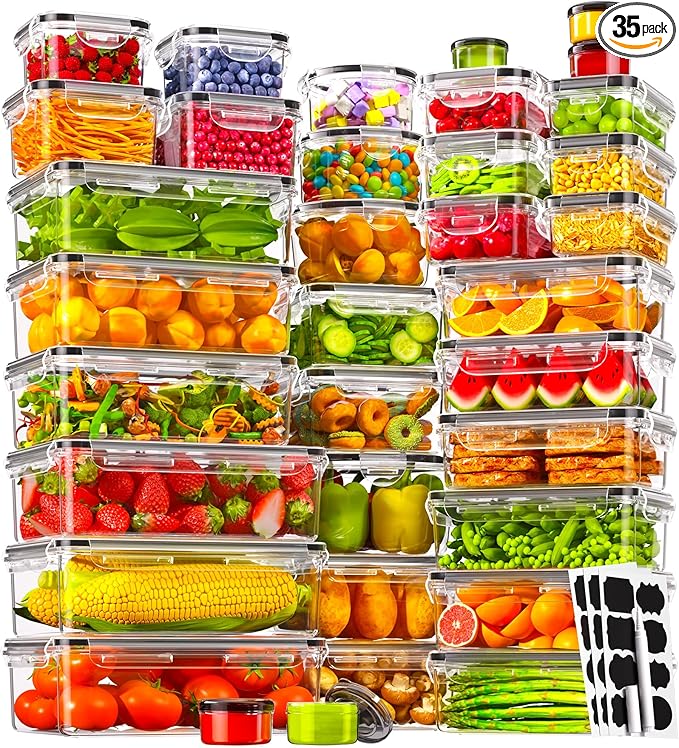 70 PCS Food Storage Containers with Lids(35 Containers & 35 Lids), BPA-Free Plastic Food Containers for Kitchen Storage, Leak Proof, Reusable Meal Prep Containers with Labels & Pen