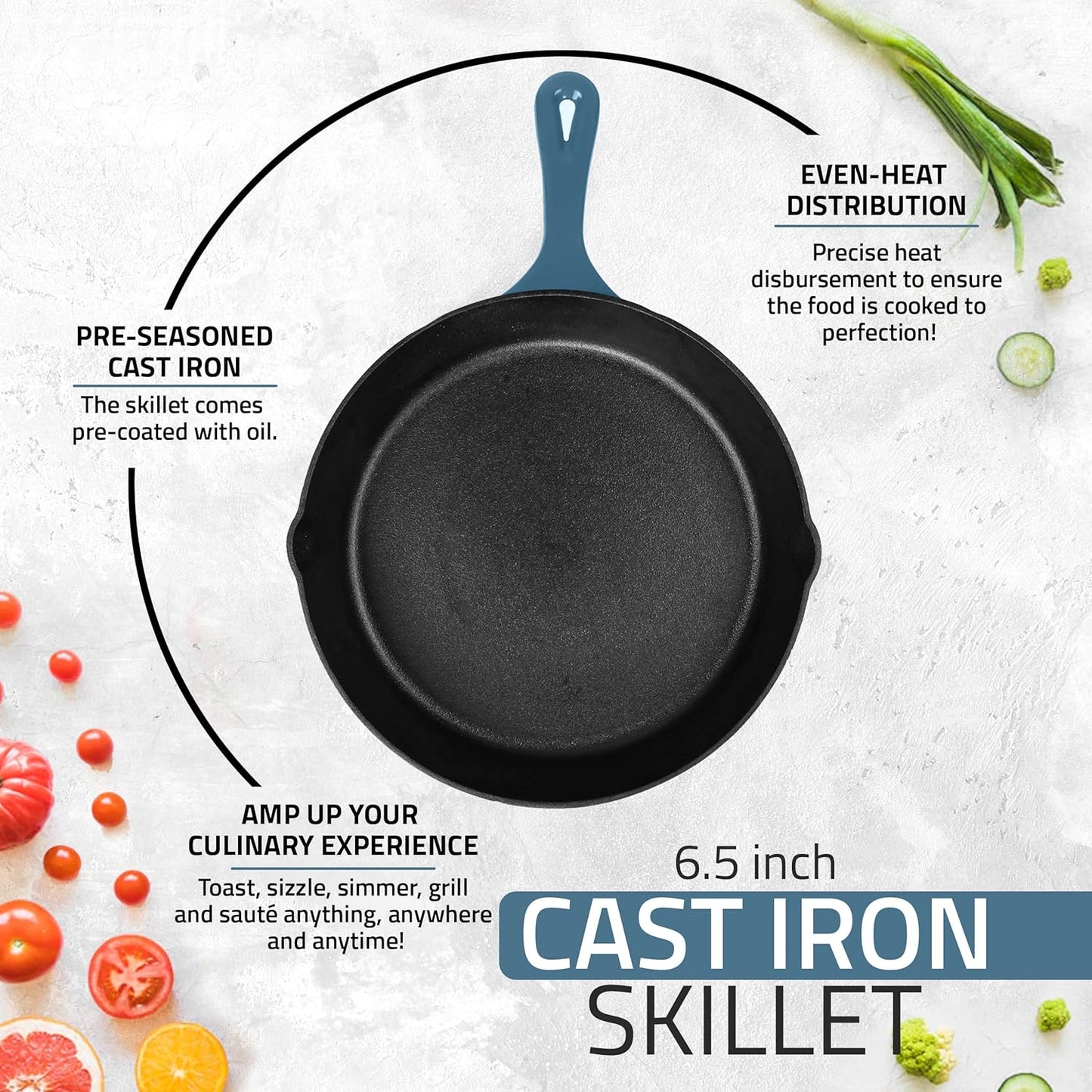 Utopia Kitchen Cast Iron Frying Pan 6.5 Inch, Cast Iron Chefs Pan, Pre Seasoned Skillet, Safe Grill Cookware for Indoor & Outdoor Use, Teal