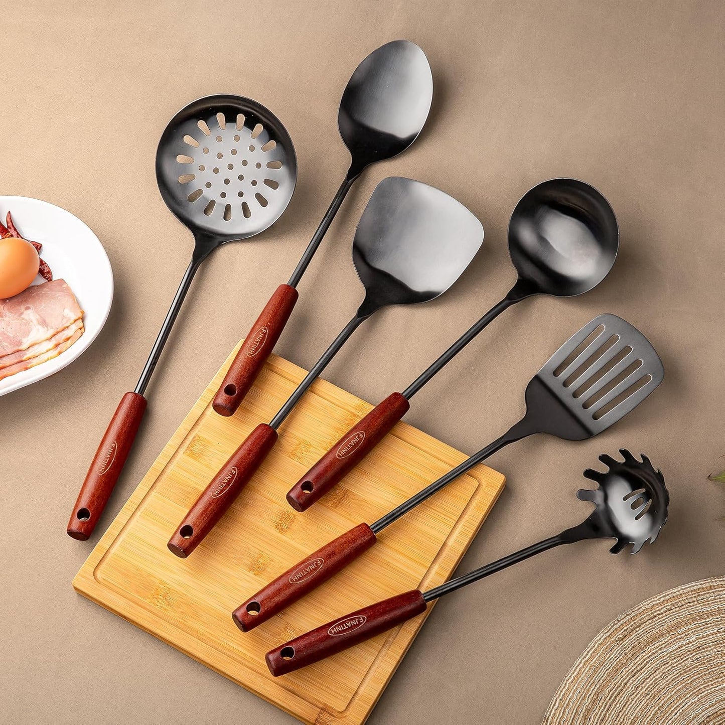 FJNATINH 304 Stainless Steel Kitchen Utensil Sets - 6 PCS Wok Spatula Sets Cooking Utensil Tools Spatula, Soup Ladle, Skimmer Spoon, Slotted Spatula Tunner, Spaghetti Spoon, Large Spoon