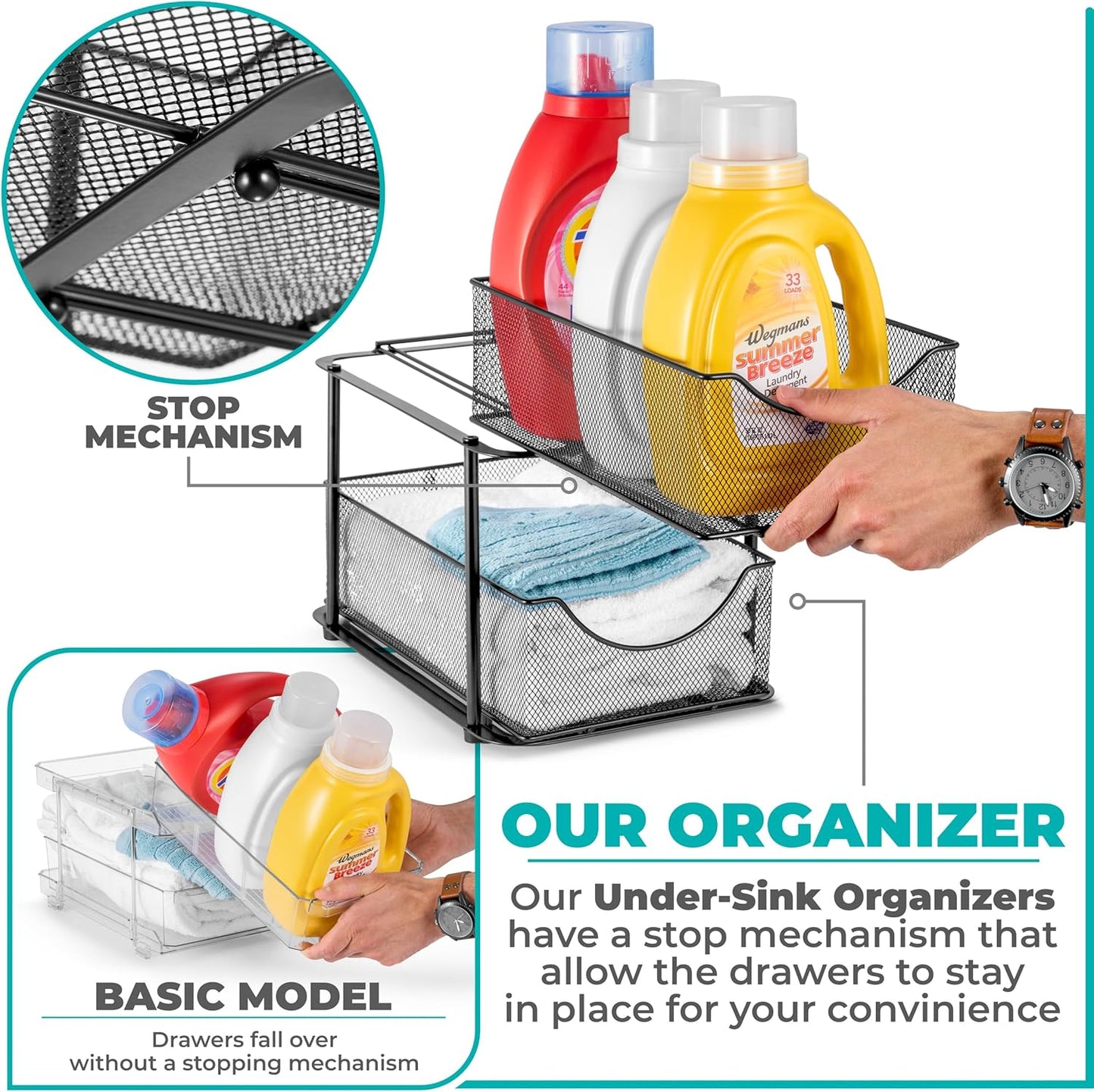 Sorbus 2 Tier Metal Under Sink Organizer for Bathroom, Kitchen, Strong Steel Mesh Sliding Drawers for Under Sink, Under Cabinet, Closet, Kitchen, Pantry, Bathroom Organizers and Storage (Black)