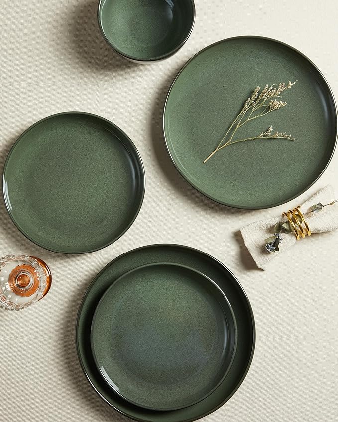 Plates and Bowls Sets for 8, 24 Piece Dinnerware Set for Large Families & Entertaining, Elegant Design, Dishwasher & Microwave Safe, Chip Resistant and Durable, Forest Green