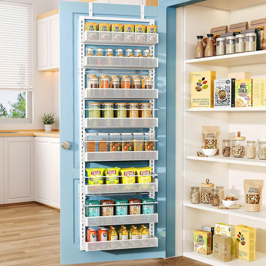 Over the Door Pantry Organizer - 8 Tier Adjustable Hanging Door Spice Rack, Large Capacity for Kitchen Pantry Storage (White)