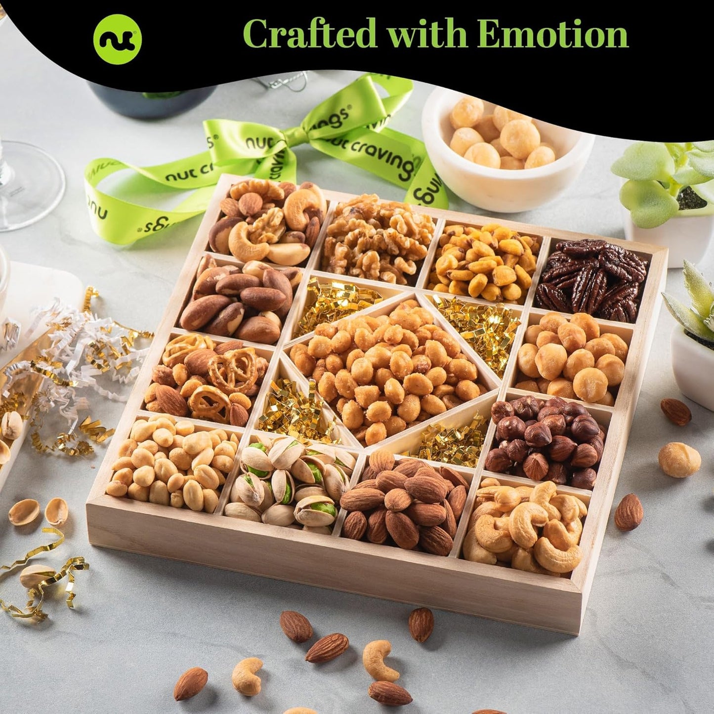 NUT CRAVINGS - Mixed Nuts Gift Basket in Reusable Diamond Wooden Tray + Green Ribbon (13 Assortments) Food Arrangement, Healthy Snack Care Package, Food Assortments