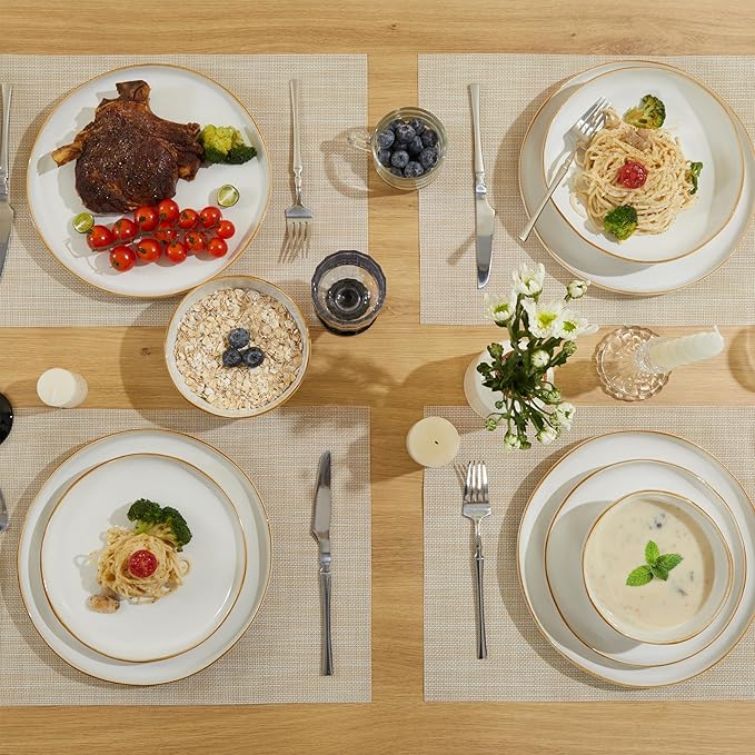 Dinnerware Set for 4, Ceramic Dish Set, Plate and Bowl Set, Microwave & Dishwasher Safe Dishware Set, Chip & Scratch Resistant Dinner Sets, Irregular Edge Design, White