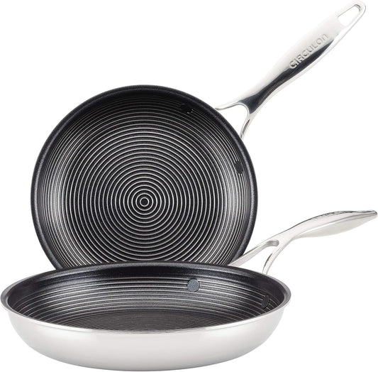 Circulon Clad Stainless Steel Frying Pans/Skillet Set with Hybrid SteelShield and Nonstick Technology, 10 Inch and 8.5 Inch, Silver