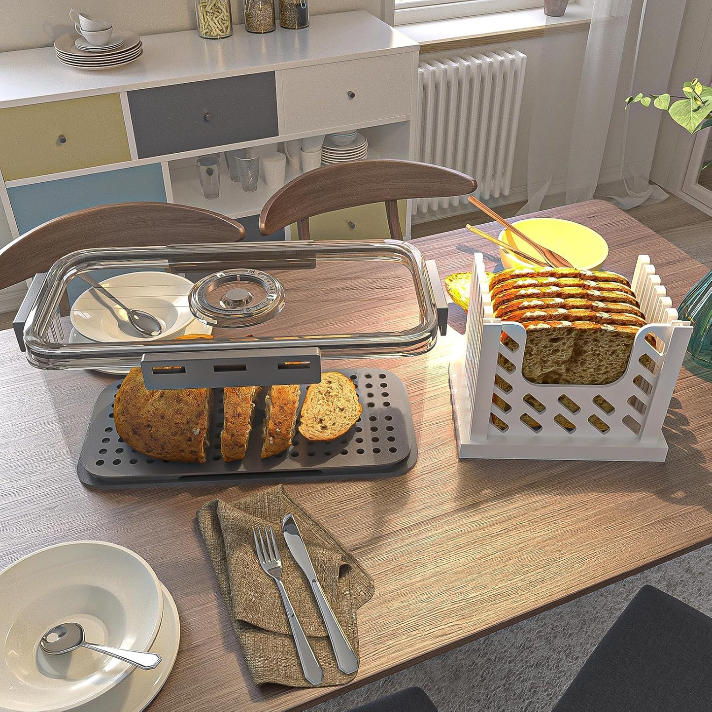 Bread Box and Slicer, Breads Slicer for Homemade Breads, Large Bread Box Airtight with Lid and Time Recording Function, Bread Container for Homemade Bread, Cookies, Bagel, Donut and Toast(grey)