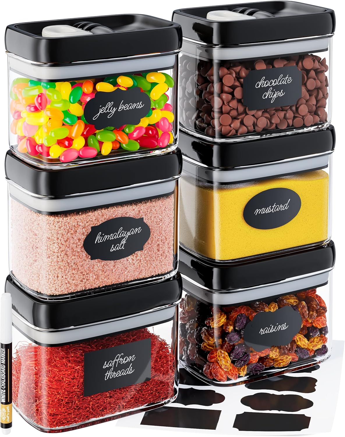 Chef's Path Airtight Food Storage Containers with Improved Lids, Set of 6, 1L Kitchen and Pantry Canisters for Coffee, Spices, and Dry Food, Includes Labels and Marker - Transparent, All Same Size