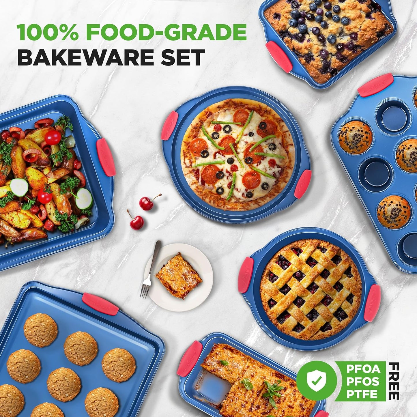NutriChef 8-Piece Nonstick Baking Pan Set - Premium Carbon Steel Bakeware w/ Silicone Handles - Includes Pizza Tray, Loaf Pan, 12-Cup Muffin Pan, Round/Square Pans, & Cookie Sheet - Blue