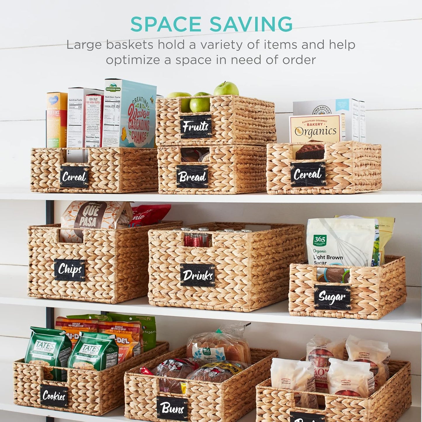 Best Choice Products Pantry Baskets Set of 2 16x12in Water Hyacinth Storage Baskets, Woven Wicker Organizers with handles w/Chalkboard Label Chalk Marker - Natural