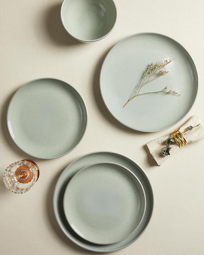 24 Piece Dinnerware Set for 8, Santorini Mist Terracotta Plates and Bowls Sets, Complete Stoneware Dish Set for Large Families and Entertaining, Microwave & Dishwasher Safe, Slate Green