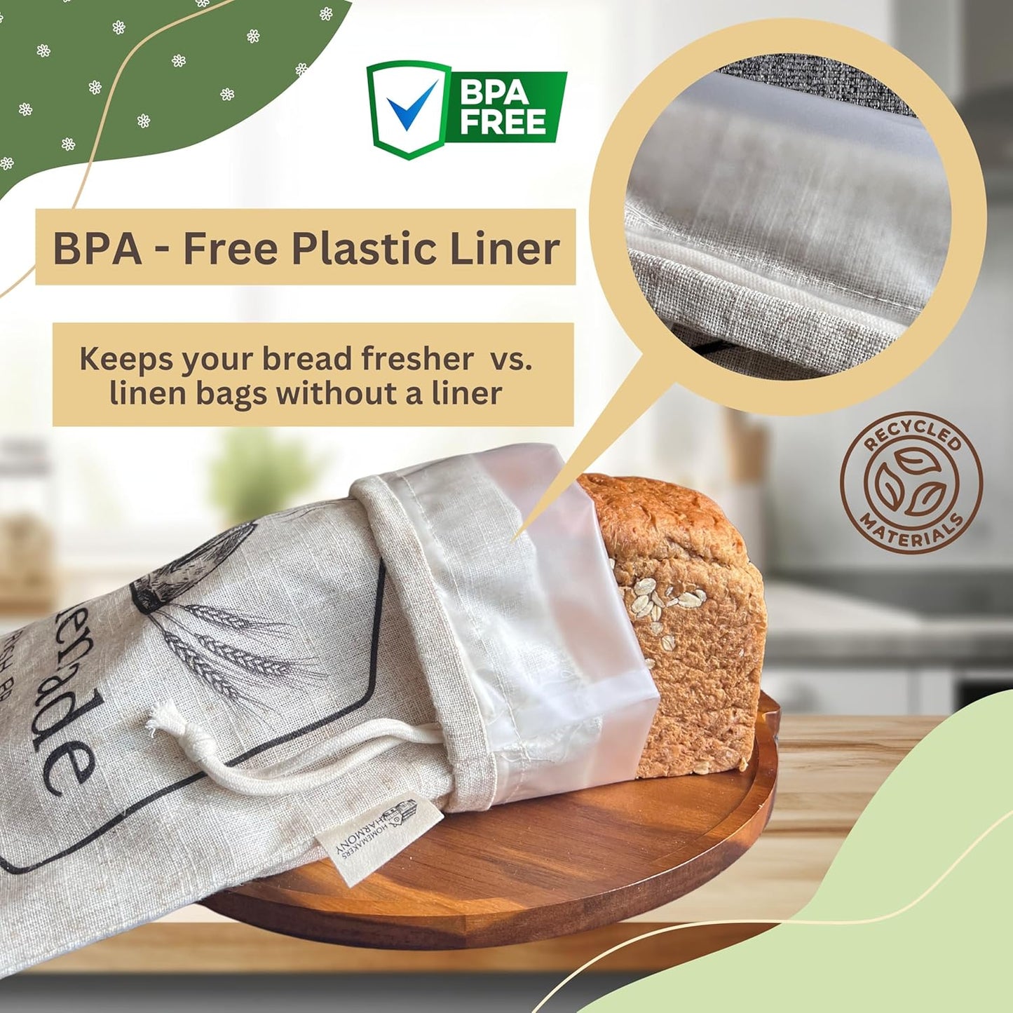 2-Pack XL Linen Reusable Bread Bags for Homemade & Sourdough Breads