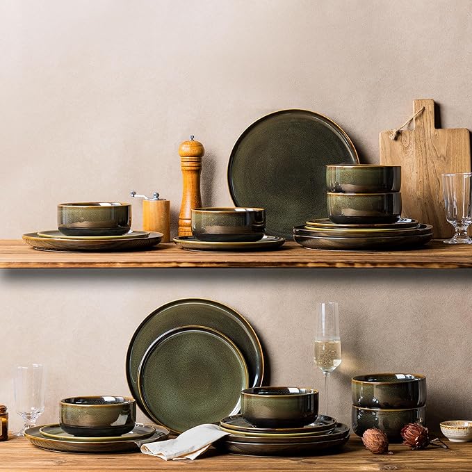 TheTerra Ceramic Dinnerware Sets for 8, 24 Pieces Handmade Reactive Glaze Plates and Bowls Set, Scratch Resistant Dish Set, Oven & Microwave & Dishwasher Safe, Olive Green