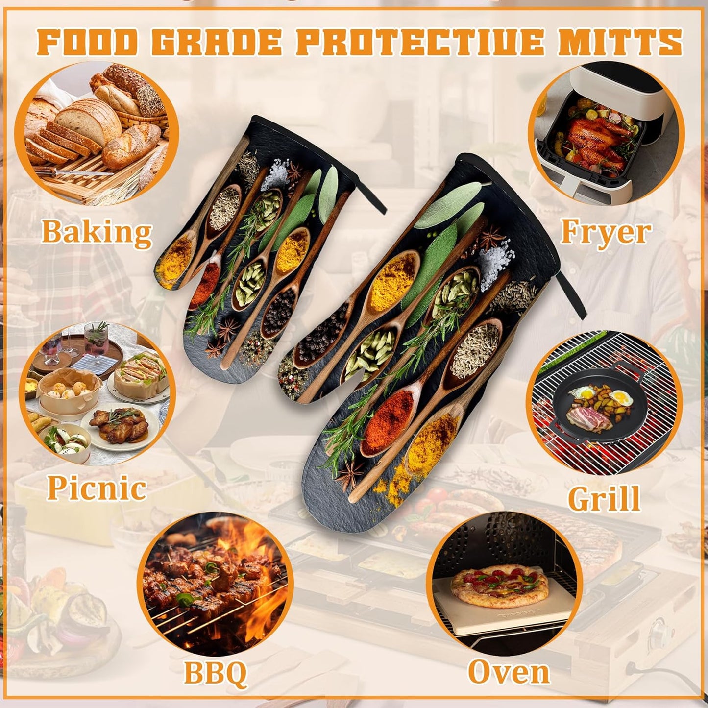 Cooking Herbs Spices Oven Mitts and Pot Holders Set,Kitchen Oven Gloves and Pot Holder with Heat Resistant Non Slip for Cooking Baking Grilling(4 Piece Set)