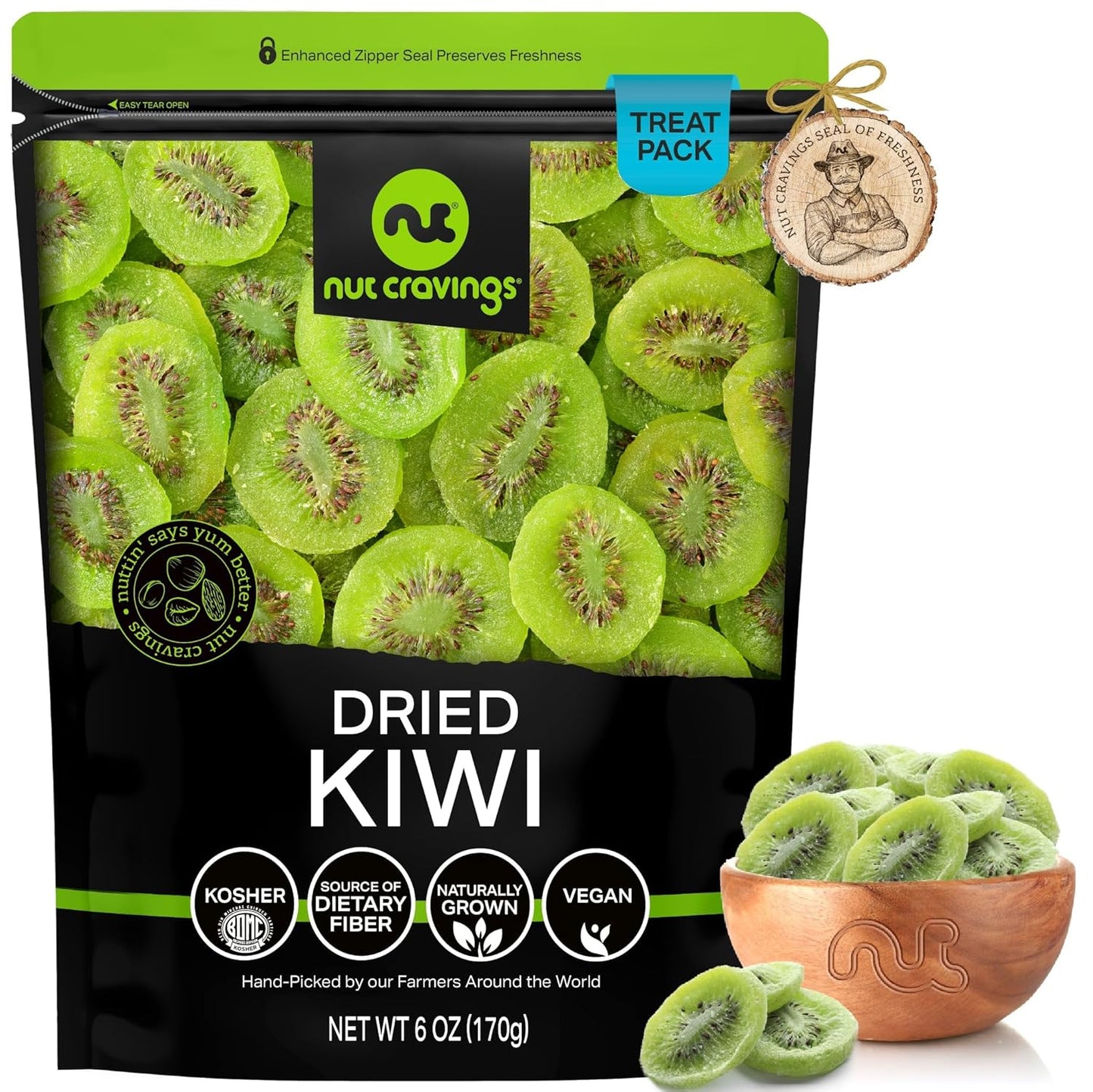 NUT CRAVINGS - Sun Dried Kiwi Slices, Lightly Sweetened (6oz, 1 Pack) Bulk Dry Fruits Packed Fresh in Resealable Bag - Sweet Healthy Snack, Naturally Grown, Vegan, Kosher