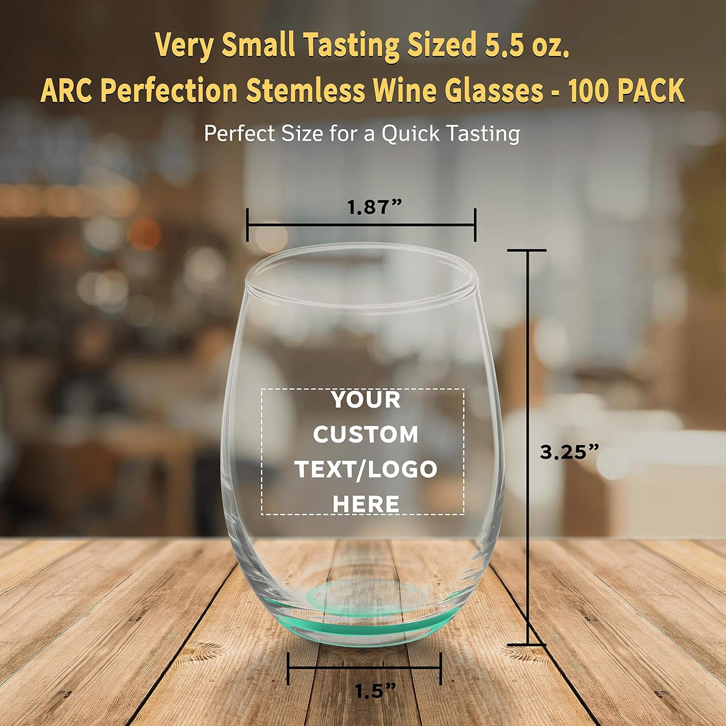 Custom Stemless Wine Glasses by ARC 5.5 oz. Set of 100, Personalized Bulk Pack - Perfect for Hotel, Bar, Restaurant or Lounge - Green