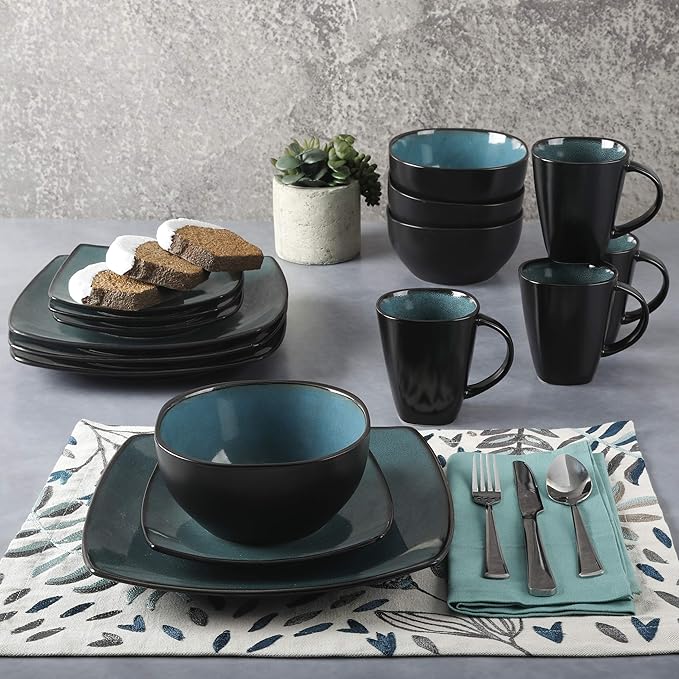 Gibson Elite Soho Lounge 16-Piece Reactive Glaze Dinnerware Set – Teal and Black Tutone Stoneware Plates and Bowls