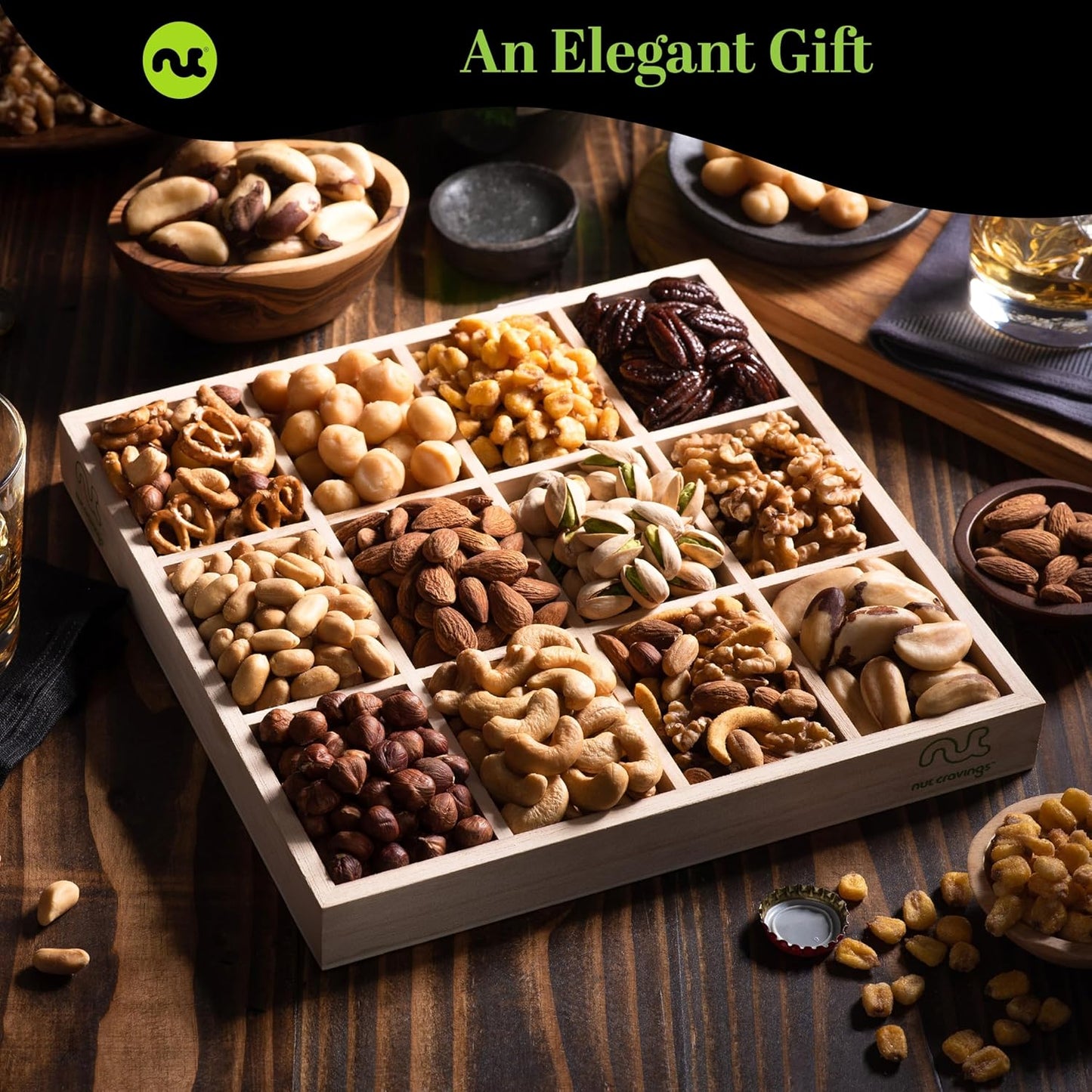 NUT CRAVINGS Gourmet Collection - Get Well Soon, Nuts Gift Basket with Get Well Soon Ribbon in Reusable Wooden Tray (12 Assortments) Food Arrangement, Healthy Snack Care Package, Food Assortments