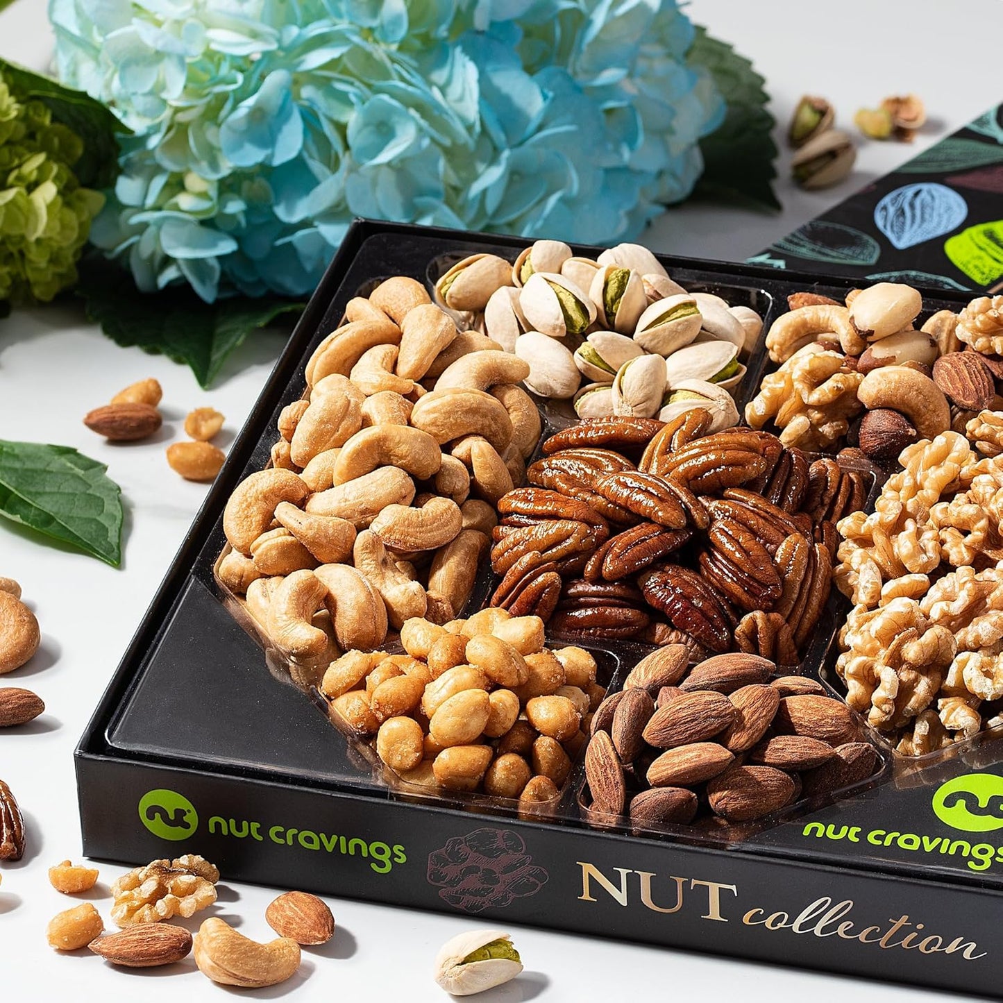 NUT CRAVINGS - Nut Collection Gift Basket in Elegant Box (7 Assortments) Food Arrangement, Healthy Snack Care Package, Food Assortments