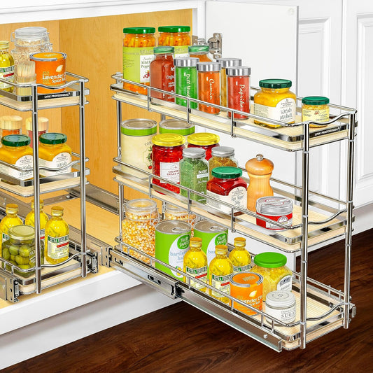 LYNK PROFESSIONAL® Élite™ Pull Out Spice Rack Organizer for Inside Kitchen Cabinets - 6"x21" - Slide Out Drawer – Wood/Chrome Sliding Spice Cabinet Organization Shelf Racks - 3 Tier