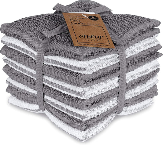 AMOUR INFINI Dish Cloths for Washing Dishes Set of 8 - Highly Absorbent, Super Soft Kitchen Dishcloths - Reusable Quick Dry Dish Rags for Cleaning & Drying Kitchen Linens (12x12 Inch - L.Grey)